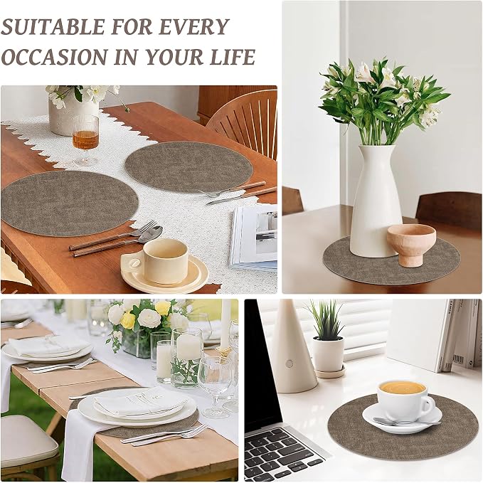 13" Round Placemats Set of 12, Reversible Faux Leather Wipeable Table Mats | 2mm Vinyl Heat Resistant Waterproof Oilproof Scratch Proof Non-Slip, Washable for Kitchen Dining Indoor Outdoor (Dark Coffee)
