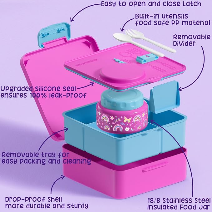Fimibuke Bento Box for Kids Adult, BPA Free & Leakproof Toddler Lunch Box with 8.5oz Insulated Food Jar, Utensils & Sauce Jar, Dishwasher Safe 3 or 4 Compartment Container for School Girl Boy | w/ 8.5oz Insulated Food Jar Utensils & Sauce Jar, Leakproo...