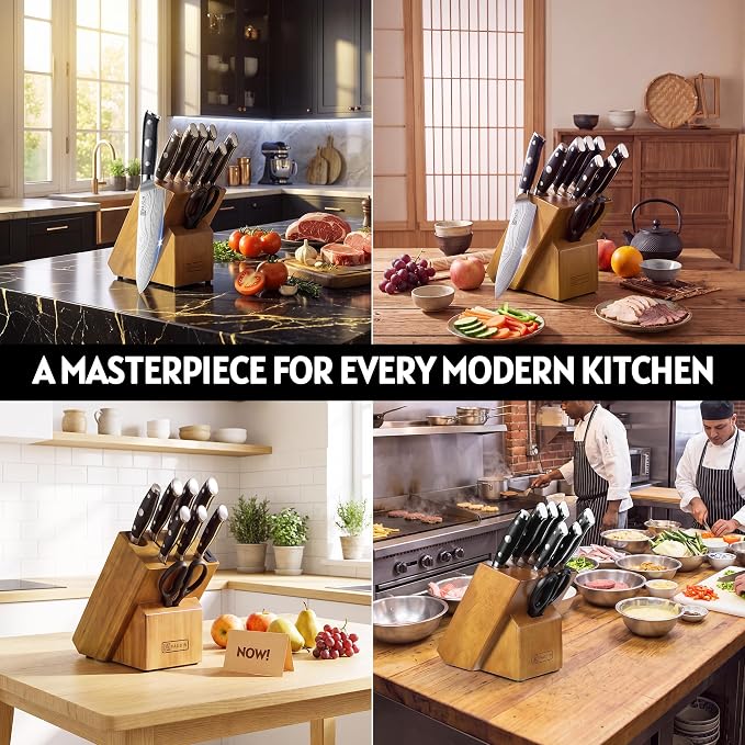 PAUDIN Knife Block Set with Built-in Sharpener, 10 PCS Dishwasher Safe German 1.4116 Steel Kitchen Knives Set, Razor Sharp Full Tang Chef Knife Set,Ergonomic G10 Handle,Gift for Women,Men,Housewarming