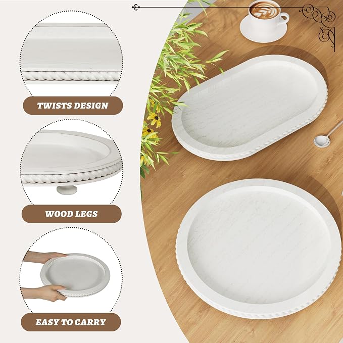 White Oval and Round Decorative Tray Set of 2 for Coffee Table | Farmhouse Vintage Decorative Tray Stand for Coffee Table, White Serving Tray for Living Room Kitchen Home Decor -1 Set