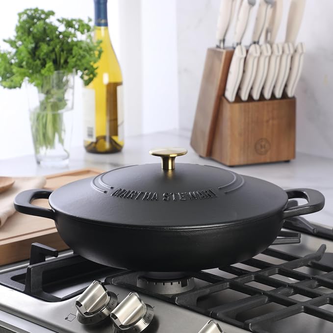 Martha Stewart Gatwick Enameled Cast Iron Braiser with Lid, 3.5-Quart Braiser Pan for Stovetop & Oven, Cast Iron Braising Pan with Gold Knob, Matte Black