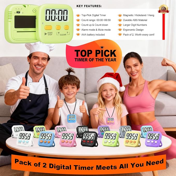 2 Pack Digital Timer for Kids Classroom Kitchen Timers for Cooking | w/ Battery, Easy to View, Alarm, Mute Mode, Count Down/Up, Magnetic, Kickstand, Hanging, Classroom Timer for Teacher Supplies