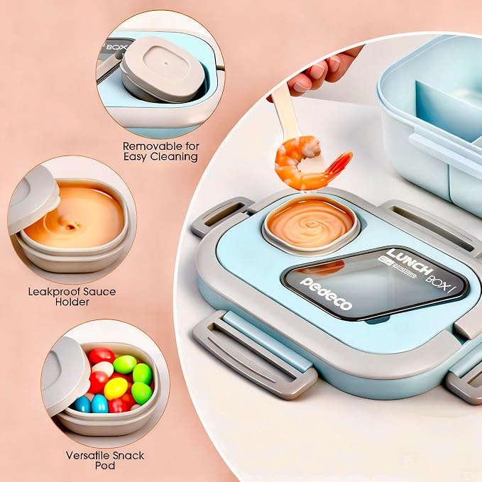 Blue Bento Box with Bag, 2-Tier Stackable with Utensils & Sauce Box | 3 compartments prevent food mixing,Portable sauce pod included,Microwave safe,BPA-free, for adults, kid, work, travel,pinic