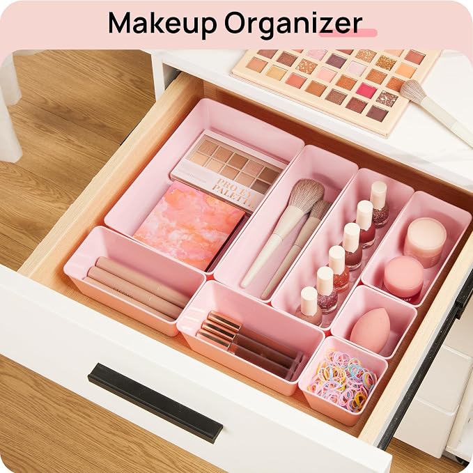 Vtopmart 44 PCS Plastic Drawer Organizers Set, Vanity Organizer Trays, Pink | 4-Size Versatile Makeup Organizer, Non-Slip Storage Containers for Makeup, Jewelries, Bedroom，Kitchen Utensils and Office