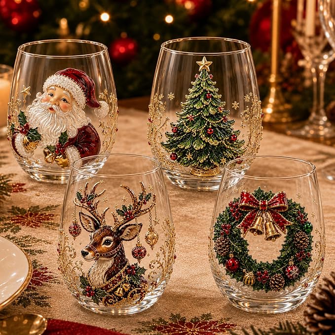 Christmas Wine Glasses, 12oz Stemless Holiday Glassware with Festive Style (Christmas Glasses Set of 4 (B))