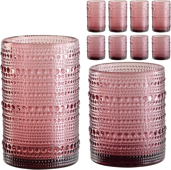 ZMOWIPDL 12oz & 15oz Hobnail Drinking Glasses,Purple Glass Cups Set of 8 | Vintage Highball Glassware，Kitchen Drinkware，Embossed Water Tumbler,for Beer,Cocktail,Whiskey,Juice,Various Mixed Drinks