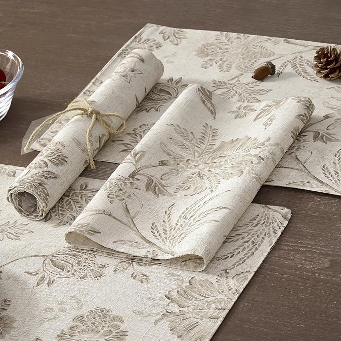 JINCHAN Sliva Linen Floral Placemats Set of 4 Farmhouse 13x19 Inch Taupe | Fabric Placemats, Cottage Style, Painterly Floral Pattern, Machine Washable, Easy to Store, Reusable