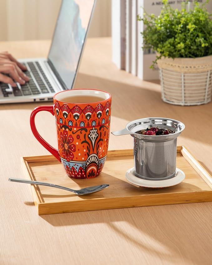 vancasso 18 Oz Tea Infuser Mug with Lid, Crimson Sunburst | Eye-Catching Bohemian Pattern, Adds Charm to Any Tea Corner, Ceramic Mug with Infuser, Microwave and Dishwasher Safe