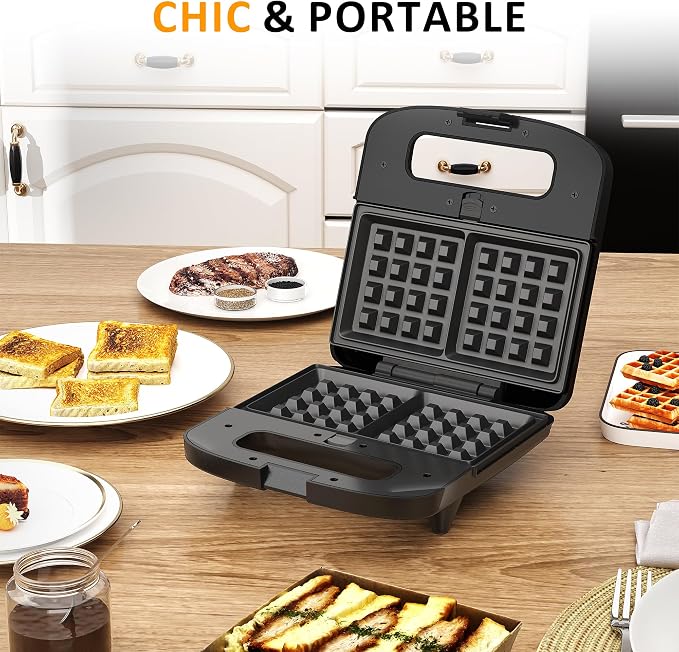 3 in 1 Electric Sandwich Maker with Removable Nonstick Plates - 800W,Black | for Belgian Waffle/Panini/Grill/Pancake Griddle/Breakfast,Dishwasher Safe,Cool Touch Handle,Easy to Clean & Store