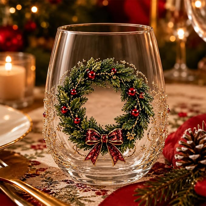 Christmas Wine Glasses, 12oz Stemless Holiday Glassware with Festive Style (Christmas Wreath (A))
