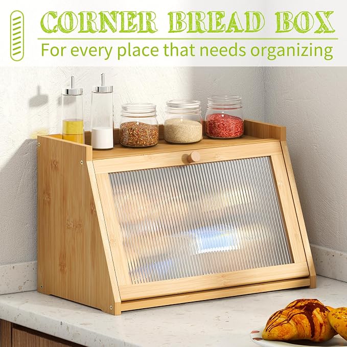 BMOSU Bread Box for Kitchen Countertop Large Capacity Corner Bread Box Farmhouse Bread Container Bread Storage Bread Holder (Natural, Large)