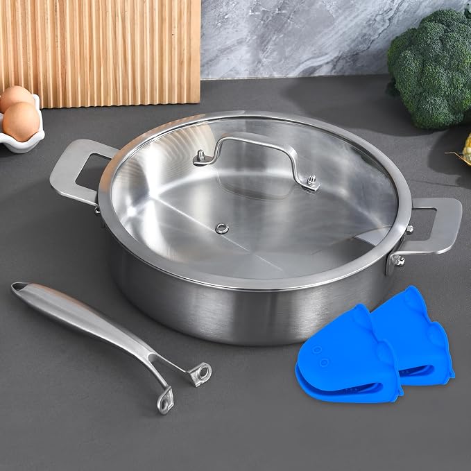 8.5-10 Inch & 6QT Tri-Ply Stainless Steel Pan Set wih Lid | Multi-Purpose | Induction Cooking Skillet | Jumbo Cooker | Dishwasher & Oven Safe | Compatible with All Cooktops | Two Handles for Conversion