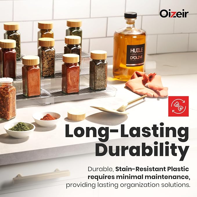 Oizeir 3-Tier Expandable Spice Rack Organizer for Cabinet, Clear | Expandable Plastic Spice Rack Organizer, Adjustable Length 3 Tiers, Non-Skid Shelf, Cabinet Pantry Countertop, Clear