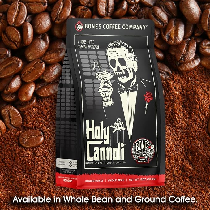 Bones Coffee Company Holy Cannoli, Baked Cannoli Flavored Coffee, Medium Roast Low Acid Arabica Beans Compatible with Auto drip and French Press Coffee Maker, 12 Oz Ground