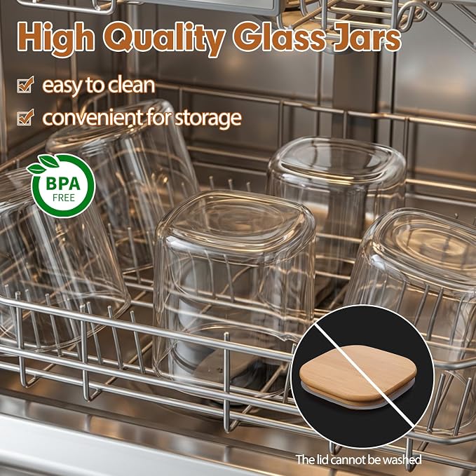 6pcs Glass Food Storage Containers with Bamboo Lids, 0.6qt Glass Jars | Square Airtight Pantry Storage Jars for Flour, Sugar, Dry Goods