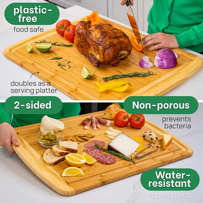 HUGE 24 Inch Bamboo Cutting Board with Lifetime Replacement - 2XL Extra Large Wooden Butcher Block for Kitchen, Stove Top, Meat, Vegetables, and Charcuterie with Deep Juice Grooves