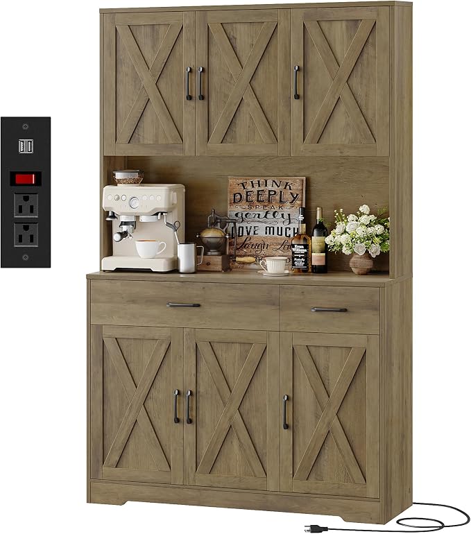 HOSTACK 71" Kitchen Pantry Storage Cabinet, Farmhouse Kitchen Hutch Cabinet | with Charging Station / 2 Drawers / Countertop / Adjustable Shelves, Free Standing Food Pantry Cabinet, Dining Room, Brown