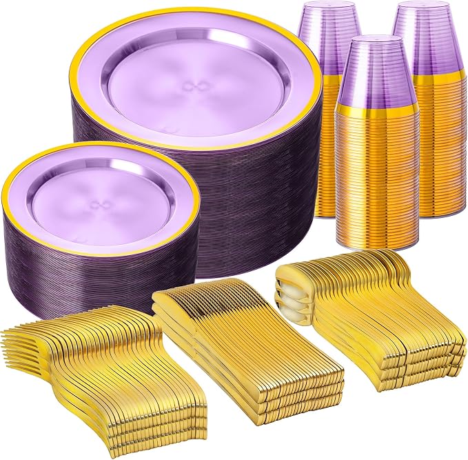 600PCS Purple Gold Plastic Plates, Disposable Dinnerware Set for Party | 100 Guest, 100 Dinner & Dessert Plates, Forks, Spoons, Knives, Cups, Gold Rim, for Graduation Wedding Bridal Shower