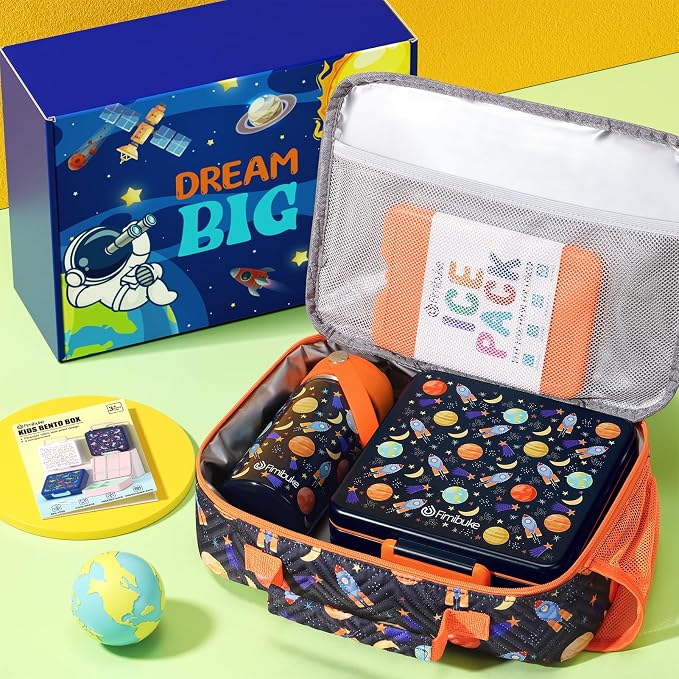 Fimibuke Kids Bento Lunch Box with 4 Compartments, Insulated lunch Bag, Stainless Steel Insulated Water Bottle, Ice Pack & Utensils Set, Birthday Gifts for Ages 3-12 Back to School Toddler Girls Boys | Lunch Box Kids with 4 Compartments, Ice Pack & Ute...