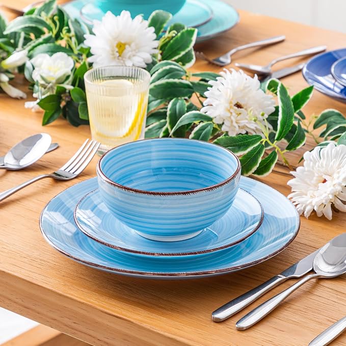 vancasso Bonita Plates and Bowls Set 18 Pieces Blue Stoneware Service for 6 | Modern Round Dinnerware Sets, Hand-Painted Spiral Dishes Set-Microwave and Dishwasher Safe (Blue,18 Pcs)