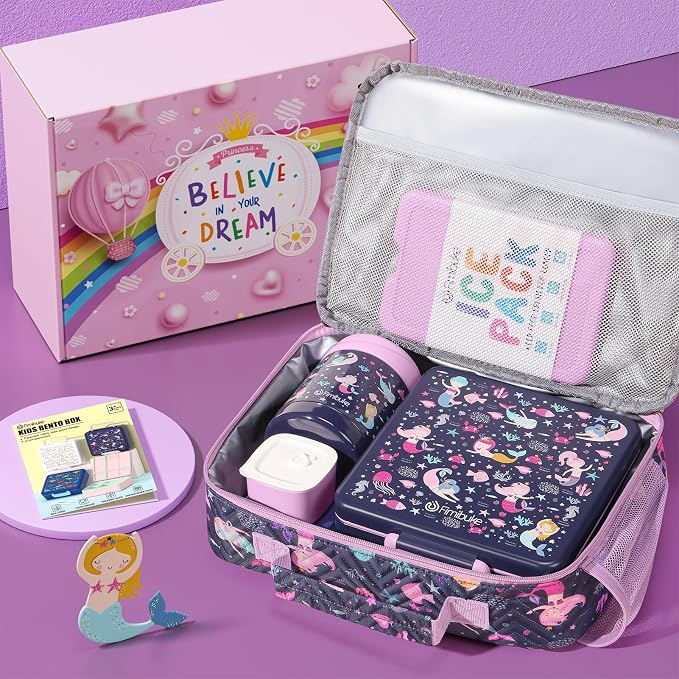 Fimibuke Kids Bento Snack Lunch Box with Thermo Insulated Toddler Lunch Bag | Lunch Box Kids with 4 Compartment, Food Jar, Ice Pack, Utensils, Birthday Gifts for Ages 3-12 Back to School Toddler Girl Boy