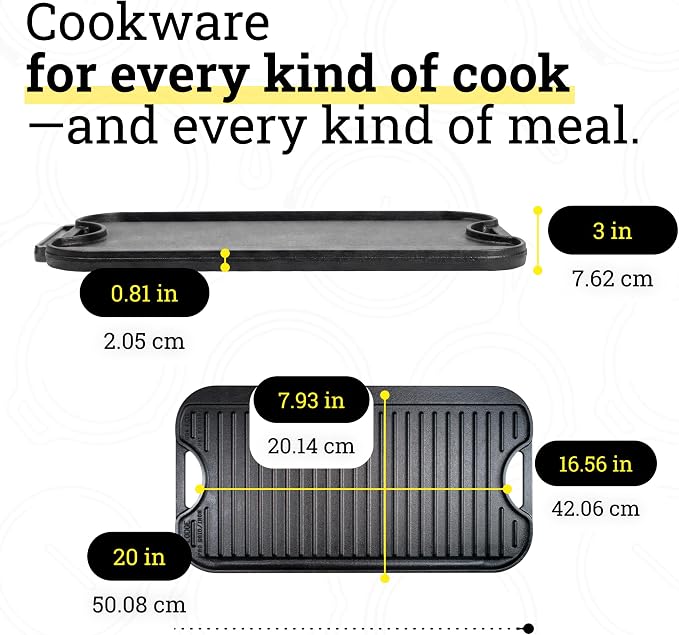 Lodge Pro-Grid Reversible Grill/Griddle - 20 Inches x 10.5 Inches - Dual-Sided Cast Iron Griddle - Double Burner Grill - Even Heat Distribution - PFAS-Free Non-Toxic Cookware