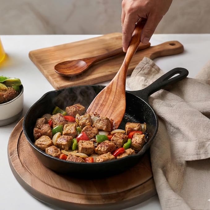Zulay Kitchen Extra-Large 6-Piece Wooden Spoon Set - Smooth Teak Cooking Utensils - Comfort-Grip Non-Stick Turner, Spatula, Skimmer, Fork, Serving Spoon