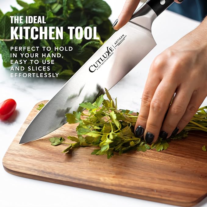 Cutluxe Chef Knife 8" – German High Carbon Steel Kitchen Knife, Full Tang | Ergonomic handle with sheath included; hand-sharpened blade at 56 HRC; slices meat, sushi and vegetables with ease