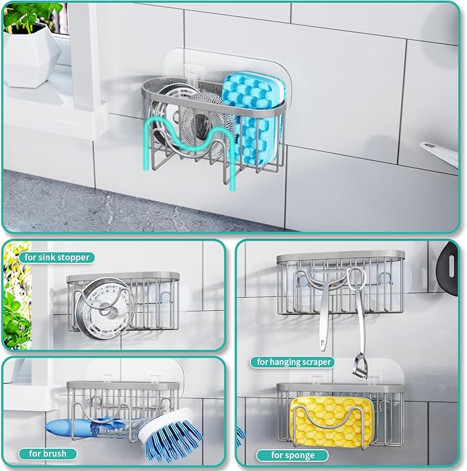 HapiRm Sponge Holder for Kitchen Sink - Sink Caddy with Unique M-Shaped, 2 Installation Methods Kitchen Organizer, Rustproof Stainless Steel Sponge Caddy - Grey