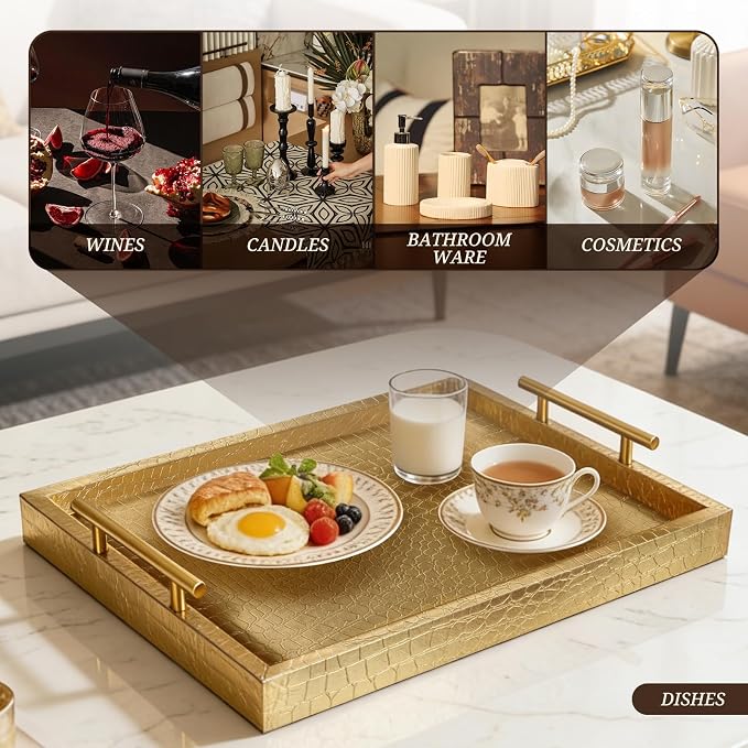 SXNOWS Faux Leather Serving Tray with Gold Handles, Glossy Gold | 17x12 in Rectangle Decorative Tray, Perfect for Ottoman Coffee Table Kitchen Bar, Stylish Gift for Home Decor