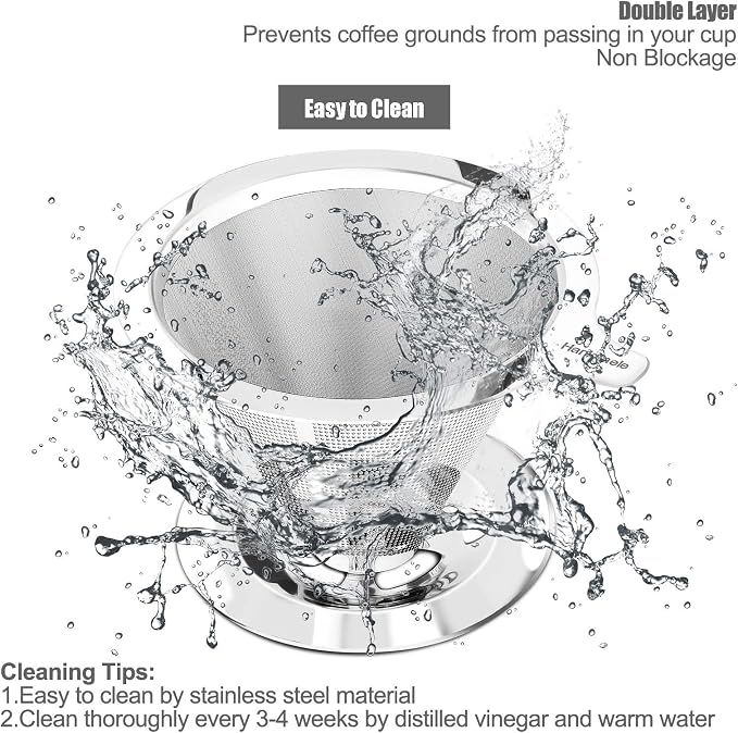 Hanlomele Pour Over Coffee Dripper, Paperless Reusable Coffee Filter, Pour Over Coffee Maker for Single Cup Brew, Double Mesh Design of Stainless Steel Cone Filter for Perfect Extraction (1-4 Cup)