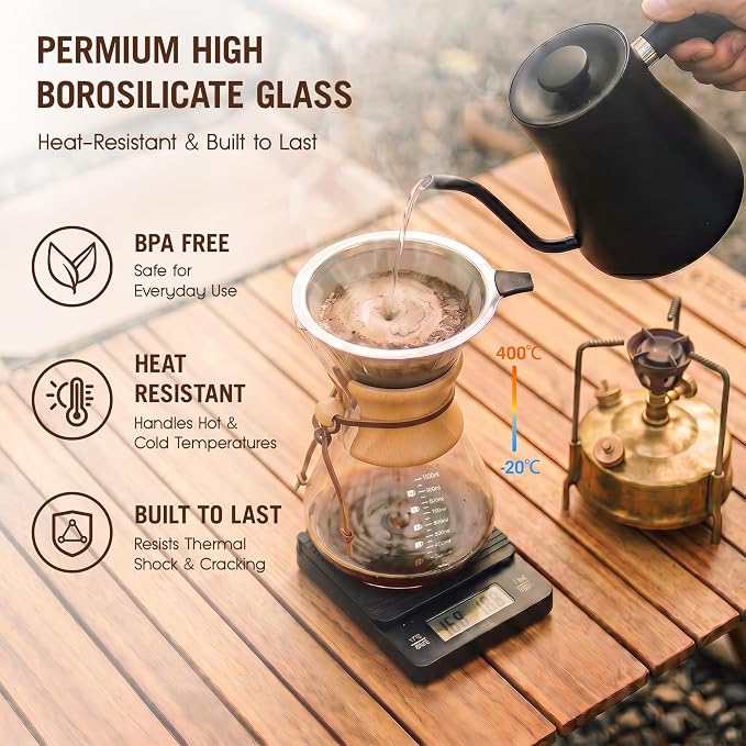 Pour Over Coffee Maker 34oz (1000ml), Borosilicate Glass Carafe with Wooden Handle & Round Body, Double Layer Stainless Steel Filter, Drip Coffee Brewer for Home Camping Hiking