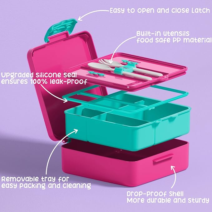 Fimibuke Bento Lunch Box for Kids, Toddler Bento Box with 4 Compartments | Leak Proof BPA Free Dishwasher Safe Lunch Container with Utensils, Ideal Portion Sizes for Ages 3-12 Girls Boys for School