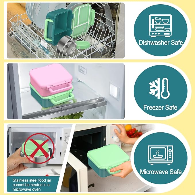 Bento Lunch Box for Kids with 9oz Thermo, Leak-proof Lunch Containers with 3 Compartments,Kids-friendly Size,Durable/Dishwasher Safe Lunch Box for School Outdoors-Green