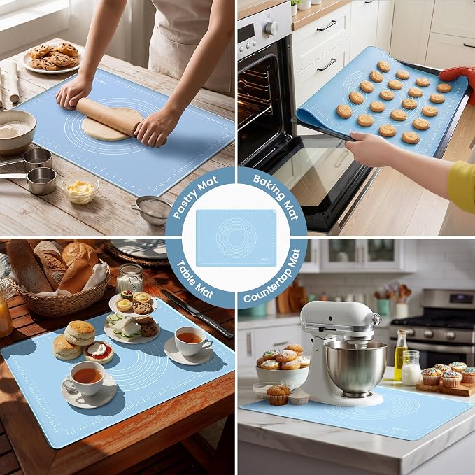 28x20 Silicone Rolling Mat Non-Stick Food Grade Baking Mat w/Measurements | Non-slip edges, heatproof silicone, nonstick, measuring guides, oven/dishwasher safe, tearproof, easy clean.