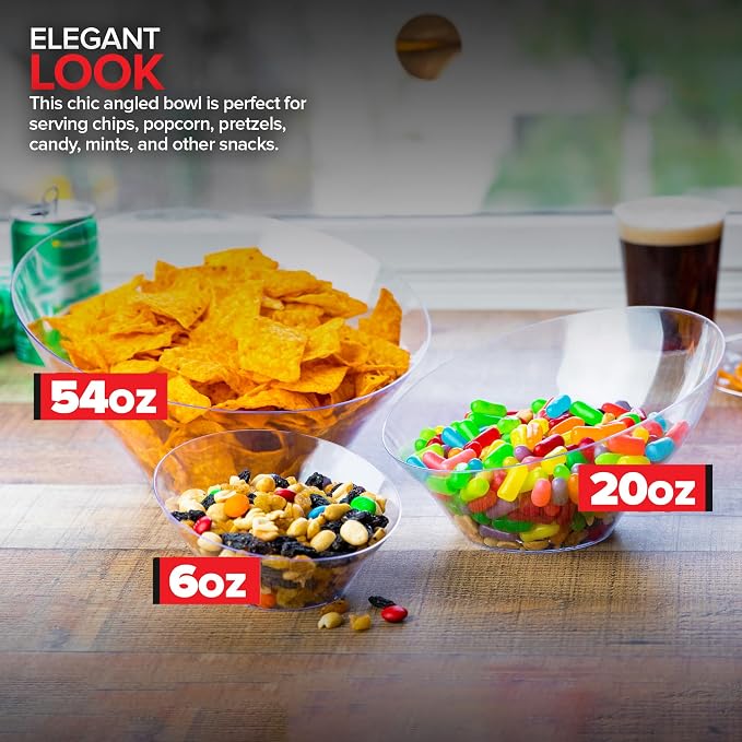 6oz Clear Plastic Serving Bowls (8 Pack) Small Disposable Candy Dishes, Buffet Containers for Chips, Popcorn, Snacks, Mints, Salad Bar, Snack Bowl, Parties, Office Desk, Bridal Shower, Party Supplies