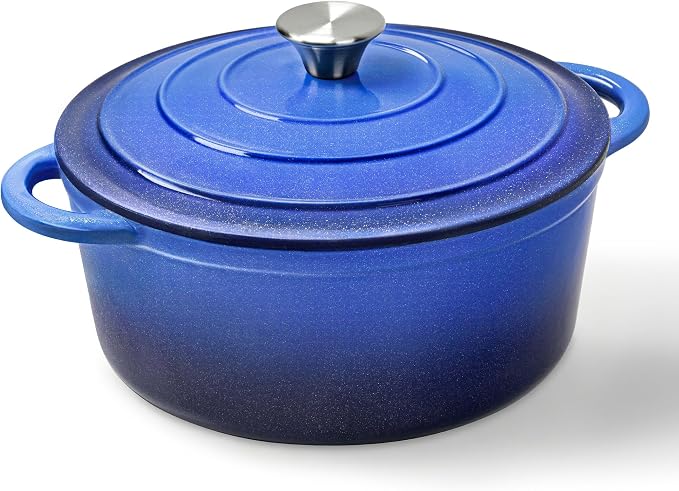 5 QT Enameled Cast Iron Dutch Oven Pot with Lid & Gold Powder | Dutch Oven for Sourdough Bread Baking, Braising, Stews, Roasting, Oven Safe up to 500° F, Blue Kitchen Cookware with Handls