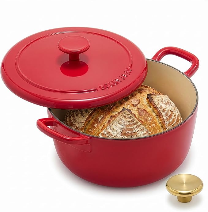 GreenPan x Bobby Flay 5.5QT Enameled Cast Iron Dutch Oven With Lid, Red | Casserole Pot for Braising, Stews, Bread Baking & Searing, Self-Basting Lid, Induction Ready, Oven Safe To 500, Gold Lid Knob