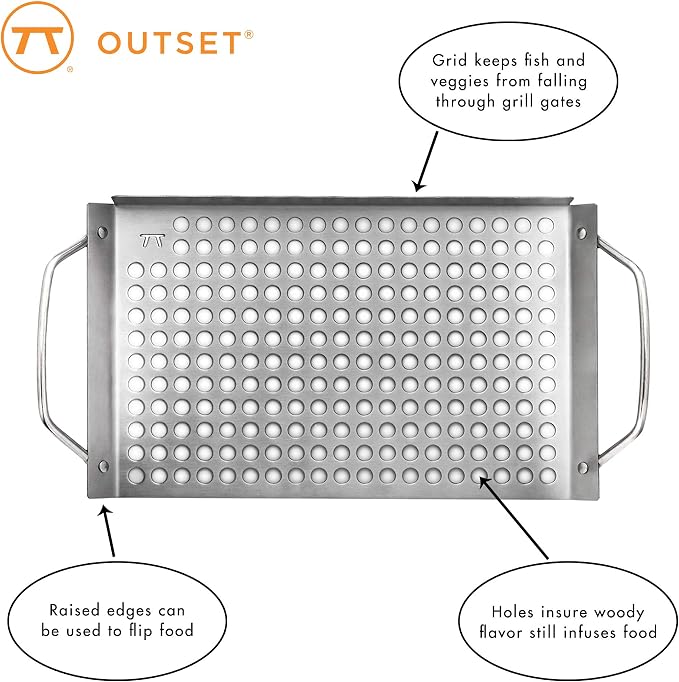 Outset Stainless Steel Grill Topper Grid, Set of 2, 11"x7" & 11"x17" Trays | Stainless Steel Grill Toppers | BBQ Veggie Grill Trays | Easy to Carry | Seafood Grill Tray With Holes | Infuses Flavor