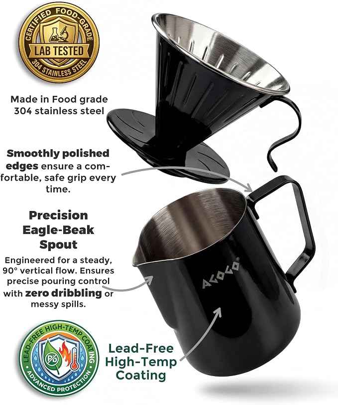 AGOGO Stainless Pour Over Coffee Maker Set, 50 Paper Filters, 30oz, Black | Unbreakable carafe for kitchen RV camp and office, includes barista towel, lead-free food grade 304 stainless steel