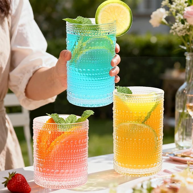 Hobnail Drinking Glasses, Tumbler Glassware, Set of 12 | 10 oz Cocktail Glasses & 12 oz Highball Glasses, Glass Cups for Whiskey, Juice, Home, Bar & Kitchen, Dishwasher Safe
