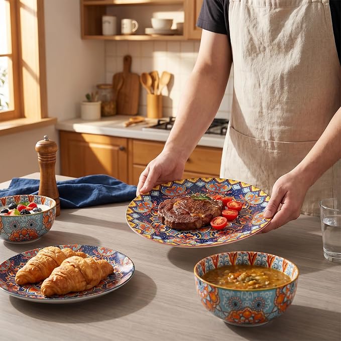 12-Piece Bohemian Porcelain Dinnerware Set for 4, Colorful Plates & Bowls | Ceramic Dish Set for Kitchen, Scratch Resistant, Microwave & Dishwasher, Decorative Tableware for Wall Decor & Housewarming