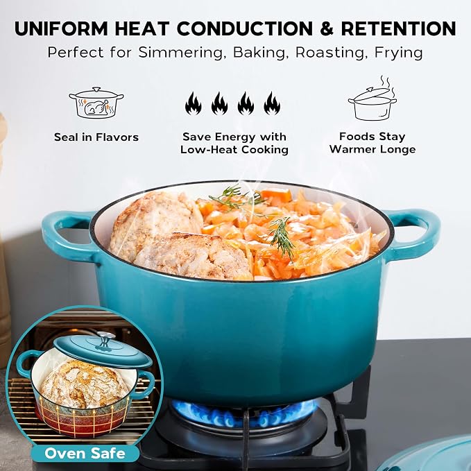 Onader 7QT Dutch Oven Pot with Lid, Cast Iron Large Pot for Bread Baking, Round Dutch Oven, Enameled Heavy Duty Cookware - Dark Cyan