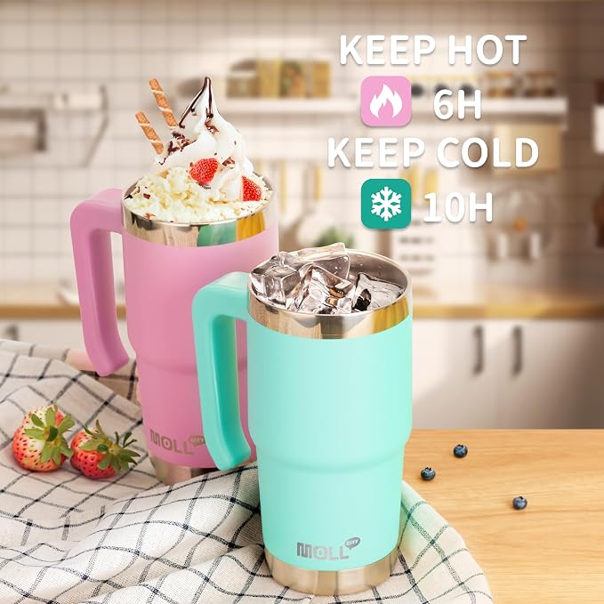 Insulated Tumbler with Handle,16 oz Stainless Steel Mug with Lid and Straw | 18/8 Food-Grade Stainless Steel,BPA-Free,Leakproof,Reusable Metal Flask,Keeps Cold 24h & Hot 12h