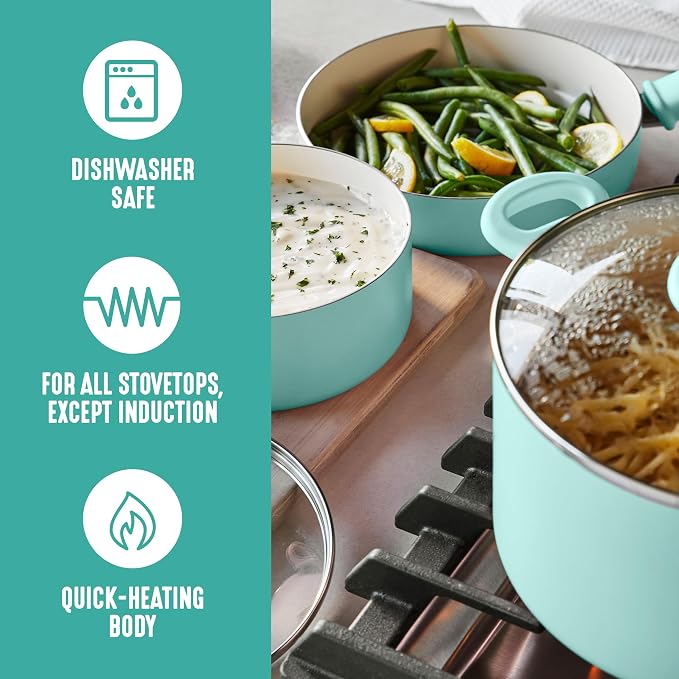 GreenLife 2.5QT Ceramic Nonstick Saucepan with Glass Lid, Turquoise | PFAS-Free Nonstick Coating, Multipurpose Cooking Pot, Milk Pan, Soup Pot, Stay-Cool Handle, Dishwasher & Oven Safe up to 350F