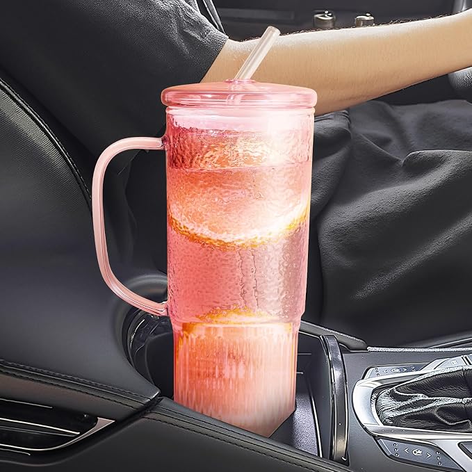 JunVpic Glass Tumbler, 24 oz Glass Cup with Lid, Straw and Handle | Pink glass design, Hammered Texture, reusable straw and lid for iced coffee, tea, smoothies and hot & cold drink