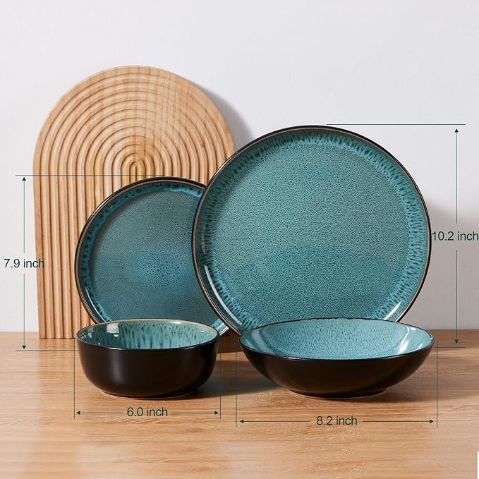LIANYU Stoneware Dinnerware Sets with Pasta Bowls for 4, Pastel Turquoise | 16 Piece Plates and Bowls Dishes Set, Dishwasher Safe Dining Ware Dishware for Home Kitchen, Microwave Safe
