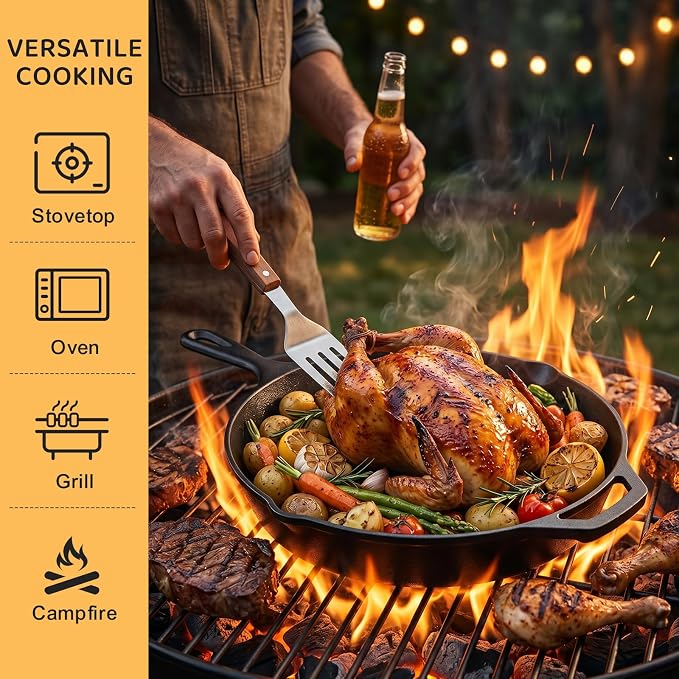 EWFEN Cast Iron Skillet 12 Inch, Pre-Seasoned Frying Pan, Heavy-Duty Professional Restaurant Chef Quality Cookware with Drip Spout, Indoor & Outdoor Use, Compatible with Oven, Stove, Grill & Campfire