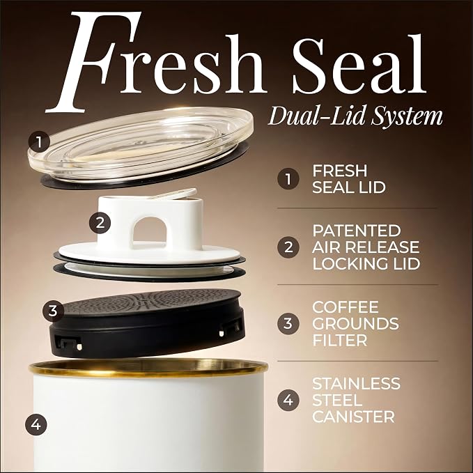 STYLED SETTINGS Vacuum Coffee Canister with Airtight Lid, White and Gold | Stainless Steel, BPA Free, Food Grade, White and Gold Design, Vacuum Effect, Air Tight
