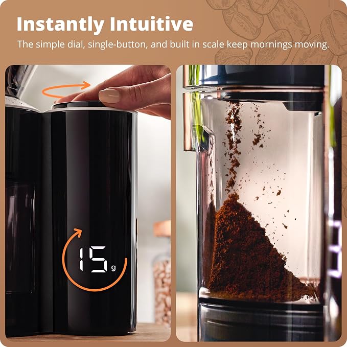 Greater Goods Coffee Grinder with Built-in Dosing Scale - Conical Burr Grinder with 8 Grind Settings, UV-Tinted 200g Hopper, for Espresso, Pour Over, French Press & Cold Brew, Onyx Black